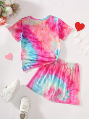 Girls' Pink Tie Dye Shorts Suit Drinks Pattern Short Sleeve T Shirt & Shorts Set