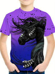 3D Horse Graphic Short Sleeve T shirt Boys Girls Western Style