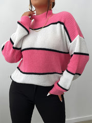Colorblock Long Sleeve Sweater High Neck Casual Top