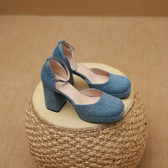 Women's Square Toe Block Heel Pumps with Buckle Strap