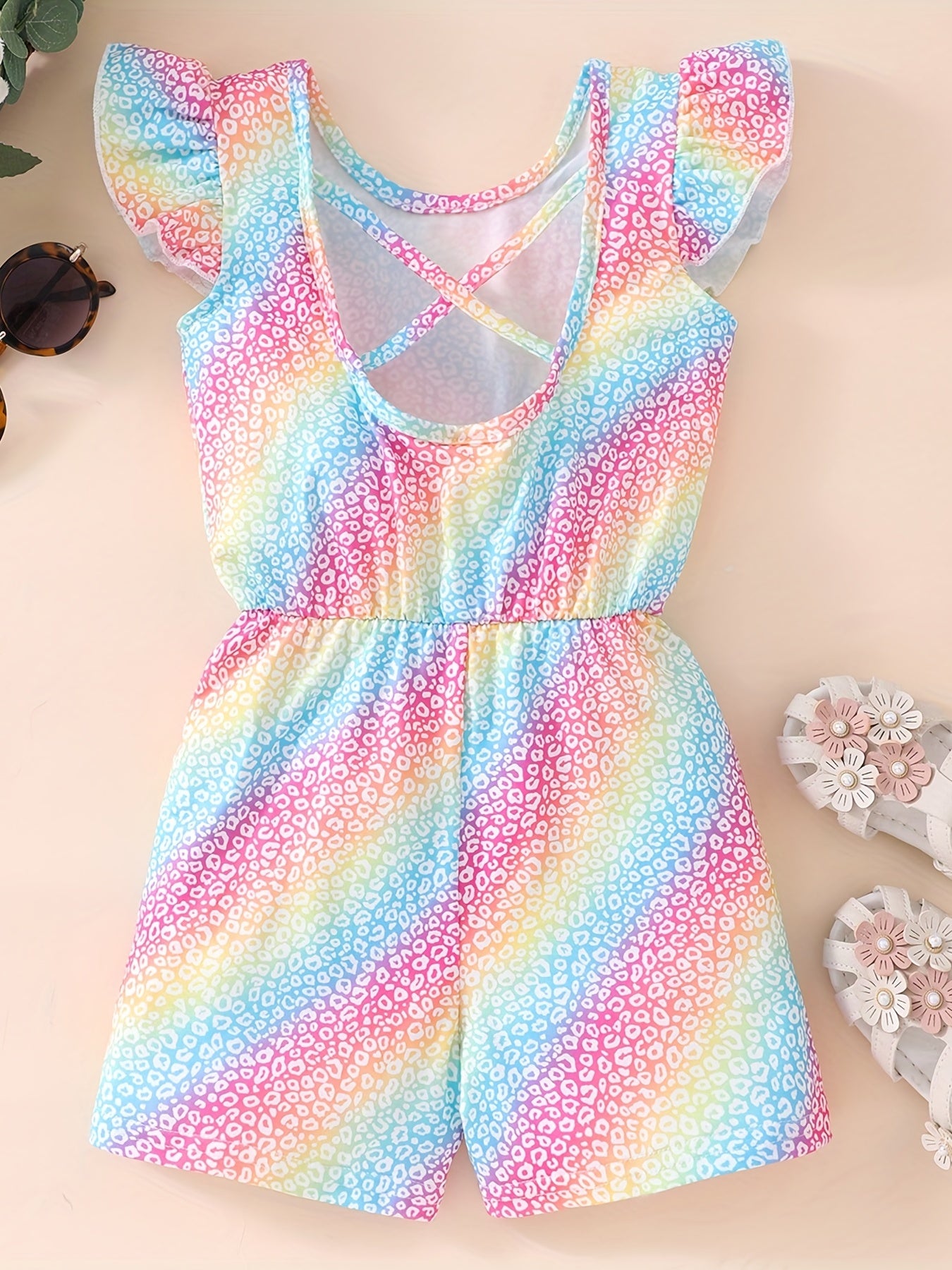 Toddler Girls Colorful Leopard Ruffle Trim Backless Rompers Jumpsuits