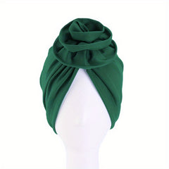 Flower Decor Ruched Turban Cap Solid Bonnet Head Wrap Head Scarf Elastic Beanie