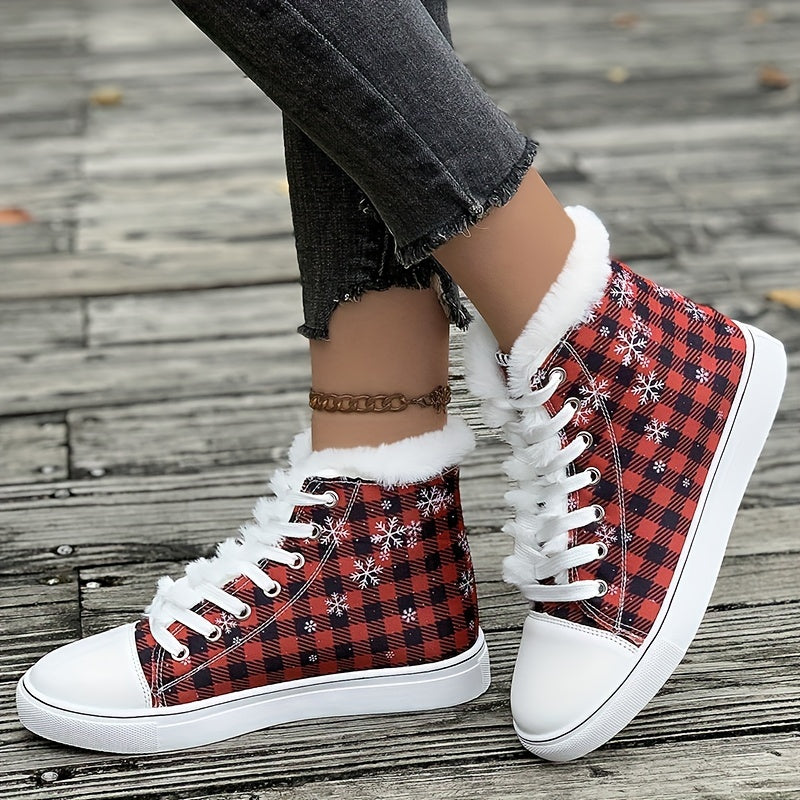 Christmas Plaid Plush Lined Flat Snow Shoes Keep Warm Canvas Sneakers