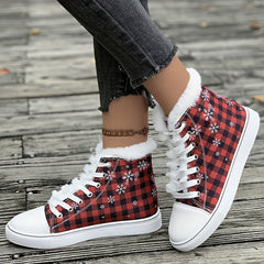 Christmas Plaid Plush Lined Flat Snow Shoes Keep Warm Canvas Sneakers