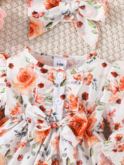 Baby Girls Bow Front Floral Ruffle Long Sleeve Dress