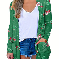 Women's Plus Bell & Snowflake Print Long Sleeve Cardigan