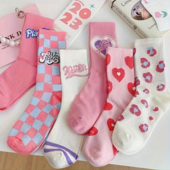 6 Pairs Heart & Plaid Print Socks Women's Mid Tube Stockings