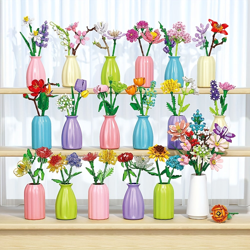 Flower Building Blocks Toy Set with Vase Model