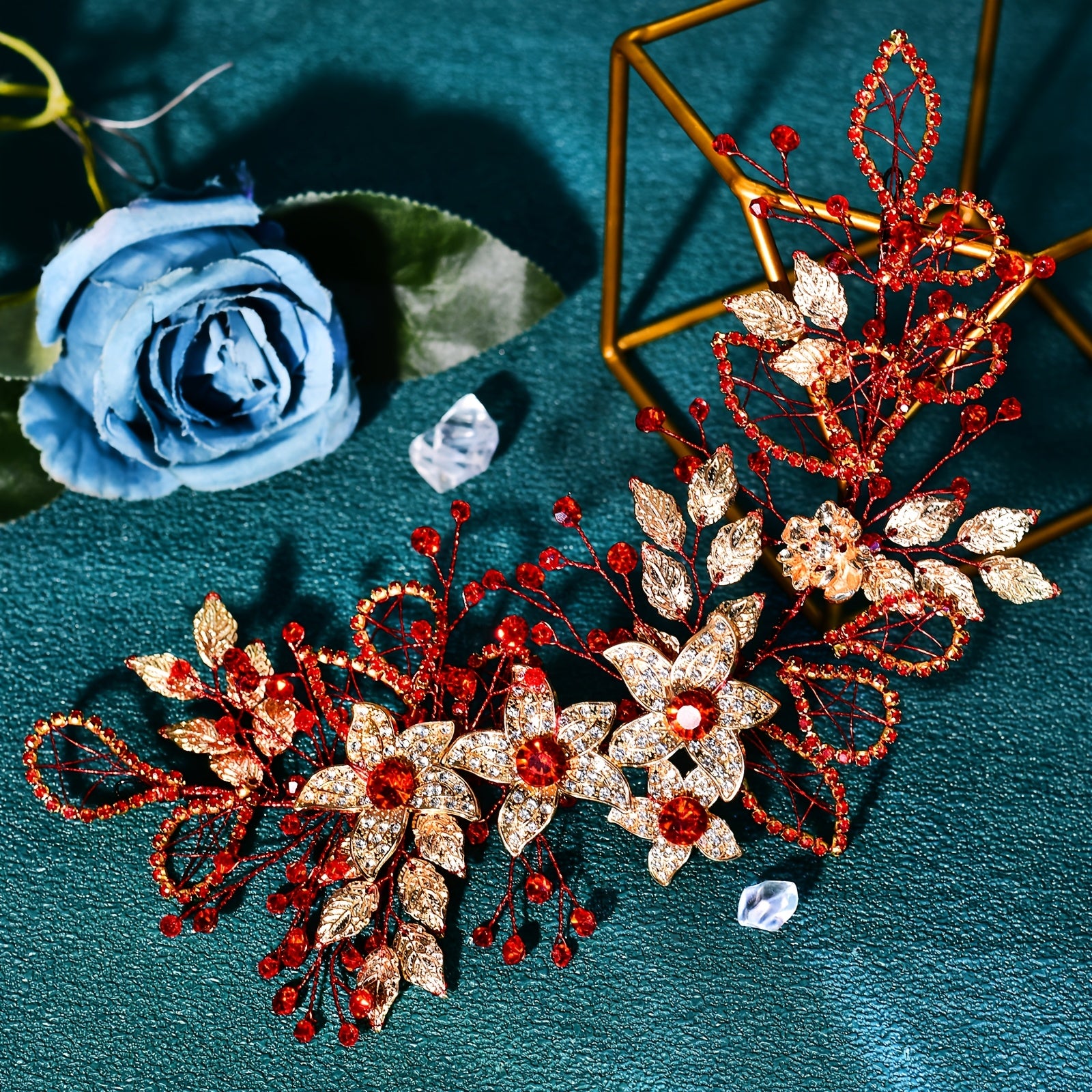 Handwoven Red Rhinestone & Golden Leaf Bridal Hair Accessory