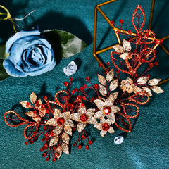 Handwoven Red Rhinestone & Golden Leaf Bridal Hair Accessory