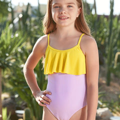 Toddler Girls Ruffle Ribbed Contrast Colors Swimsuit