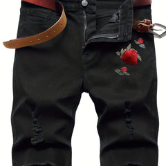 Floral Embroidery Denim Shorts Men's Casual Street Style