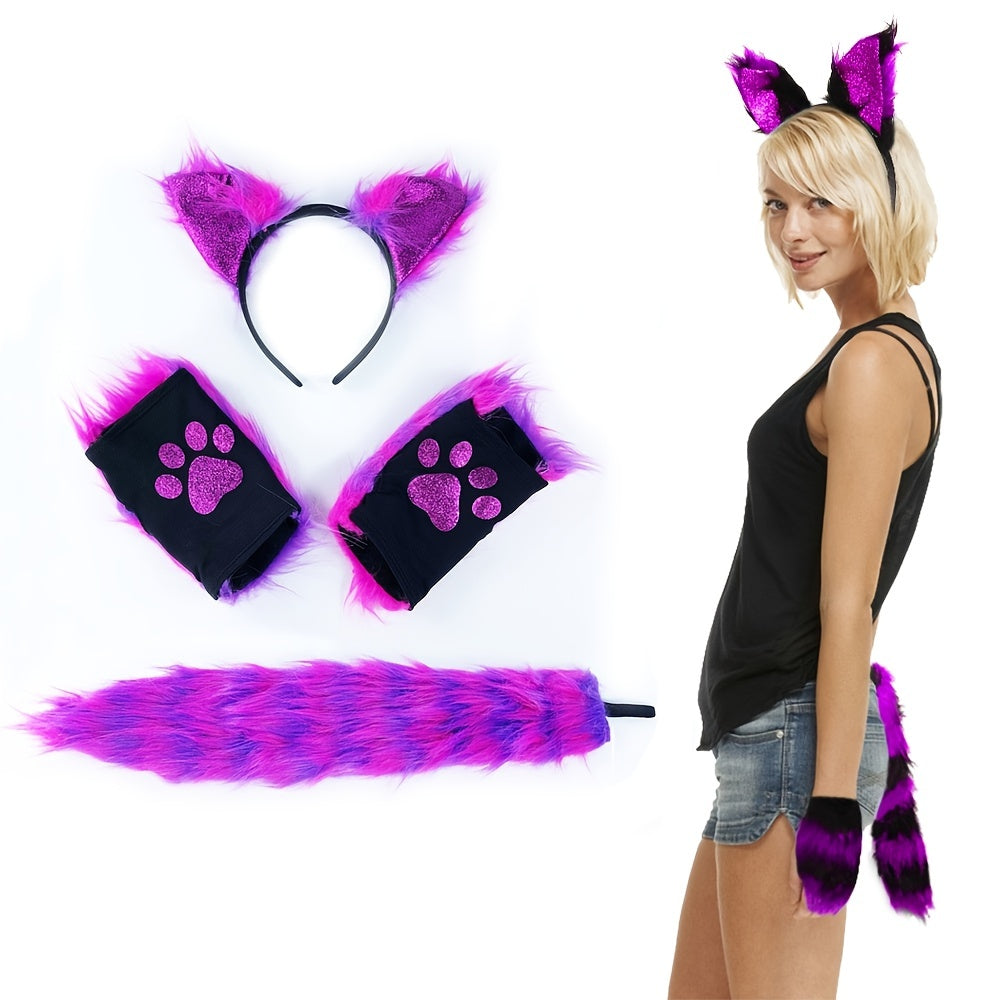 Cat Wolf Fox Tail Faux Fur Headband Paw Gloves Set Adults Children Fancy Party