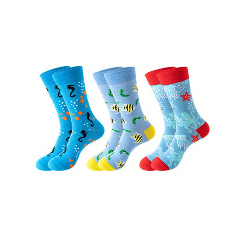 3 Pairs Men's Printed Mid Calf Socks, Breathable & Sweat Absorbent