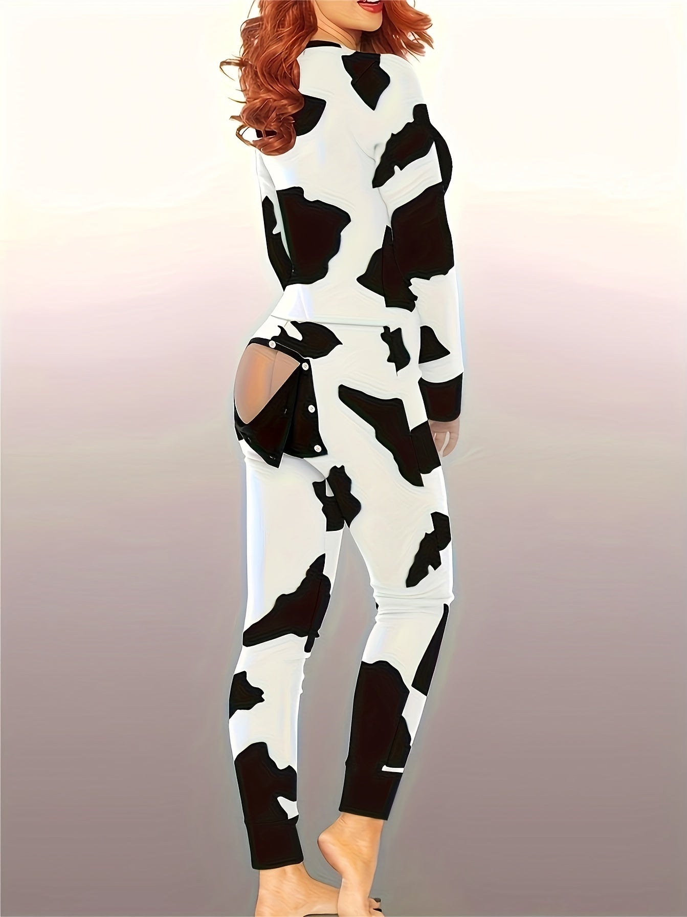 Cow Spot Print Pajama Jumpsuit V Neck Pajamas Women's Lingerie