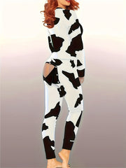Cow Spot Print Pajama Jumpsuit V Neck Pajamas Women's Lingerie