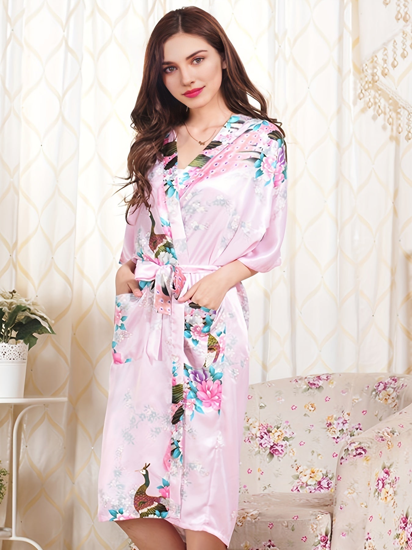 Floral Print Satin Night Robe Short Sleeve Robe