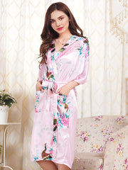 Floral Print Satin Night Robe Short Sleeve Robe