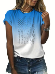 Flag & Letter Print T shirts Round Neck Short Sleeve Casual Top Women's Clothing