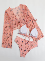 3pcs Plus Size Floral Print Bikini Set & Cover Up Tops Women's Plus Swimsuit Set