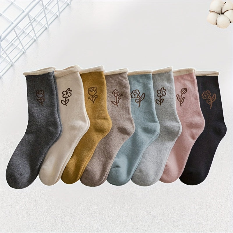 8 Pairs Floral Print Socks Soft Mid Tube Stockings