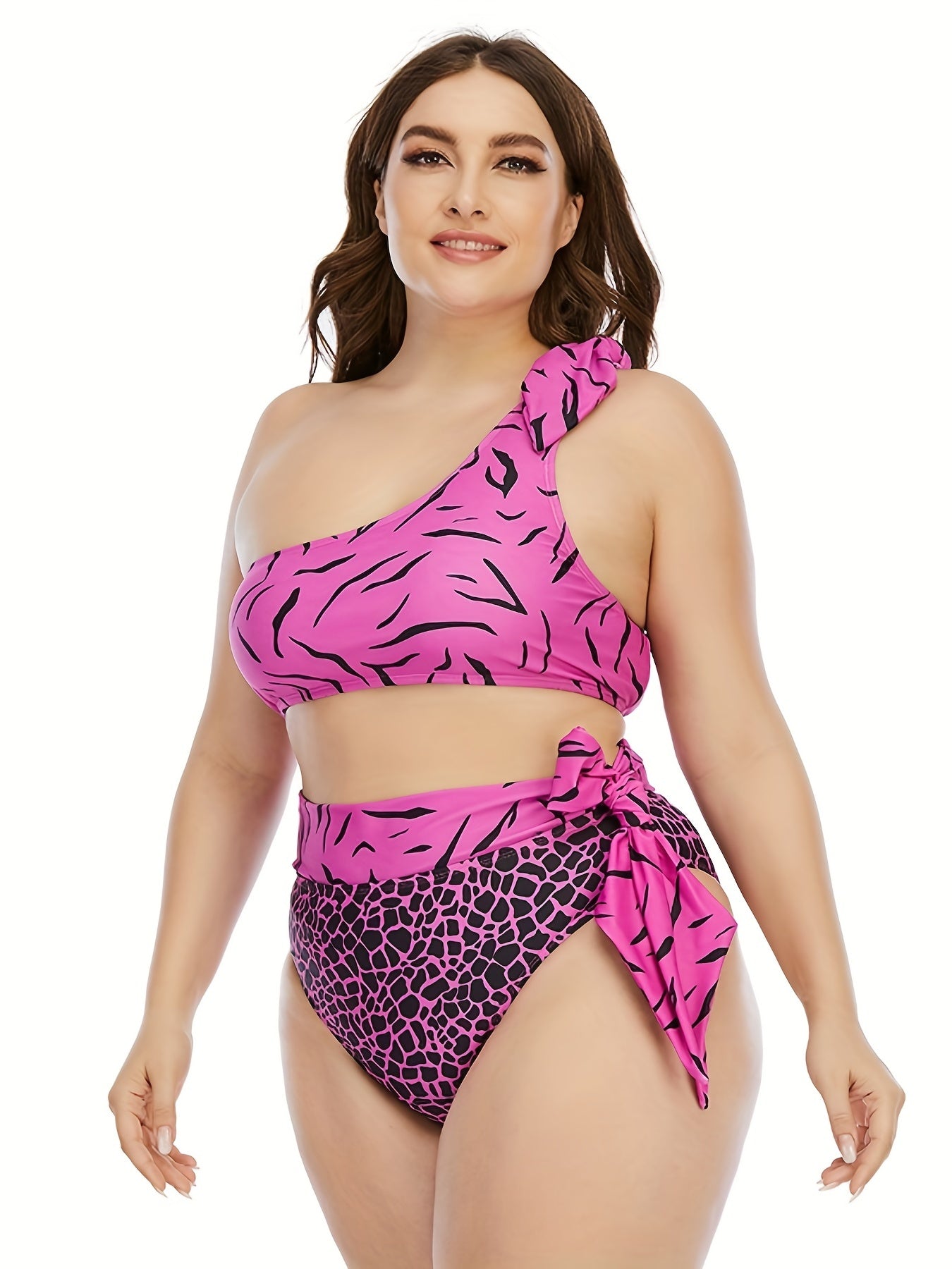 Women's Plus Crinkle Print Tie Shoulder Tankini Set