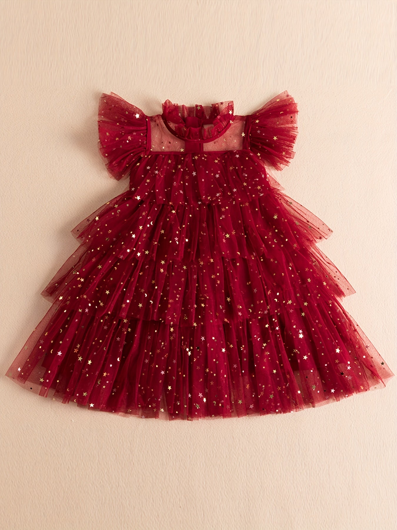 Star Sequin Tutu Dress Girls Tunic Flying Sleeve Dress For Party