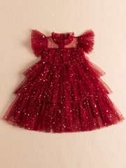 Star Sequin Tutu Dress Girls Tunic Flying Sleeve Dress For Party