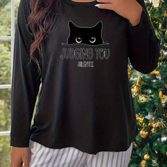 Cat & Letter Print Long Sleeve Pajama Top