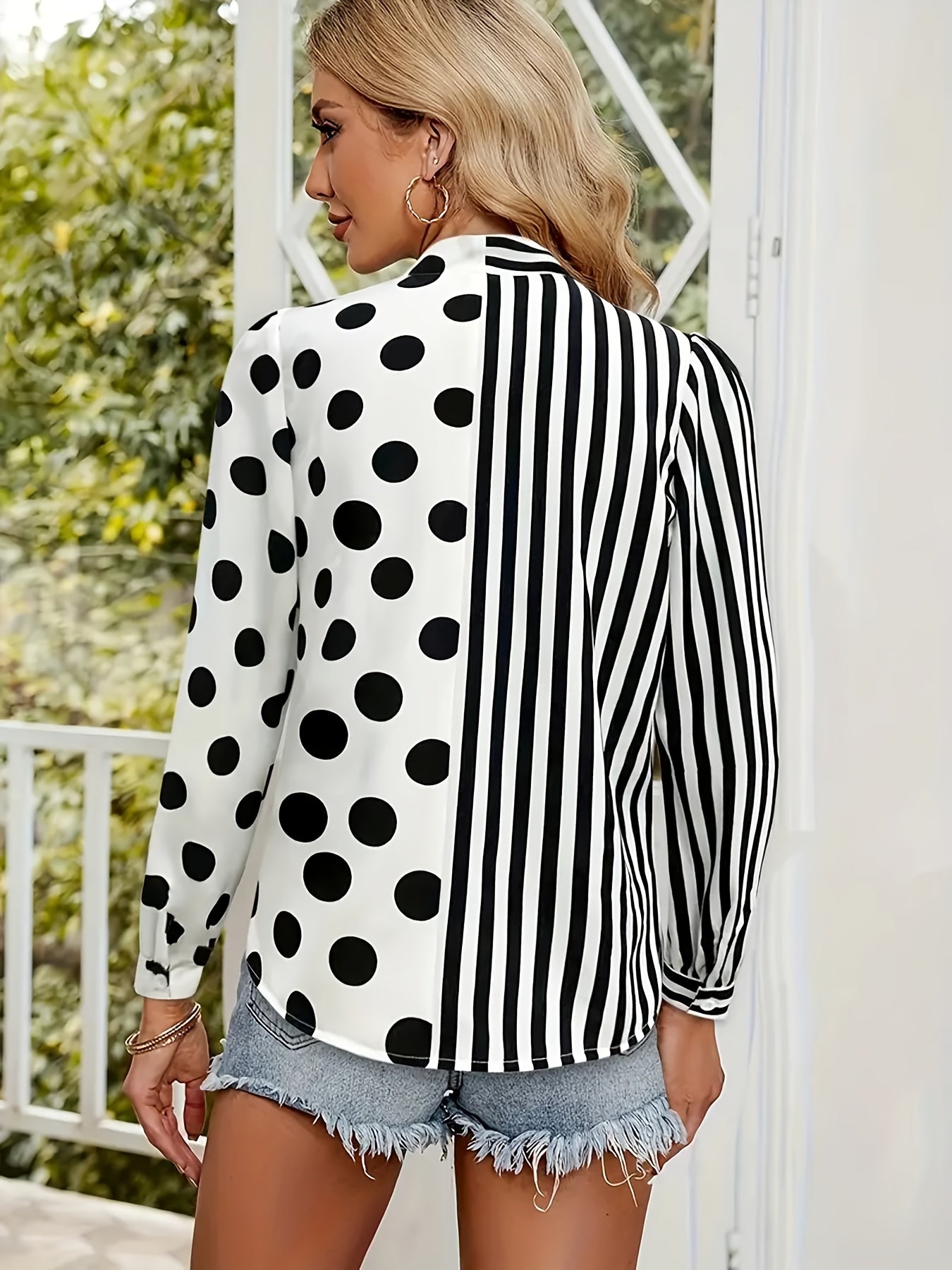 Colorblock & Polka Dot Long Sleeve Top