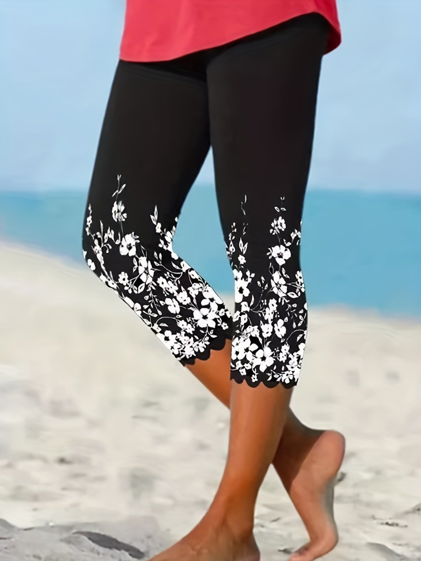 Floral Print Skinny Cropped Leggings Women's Clothing