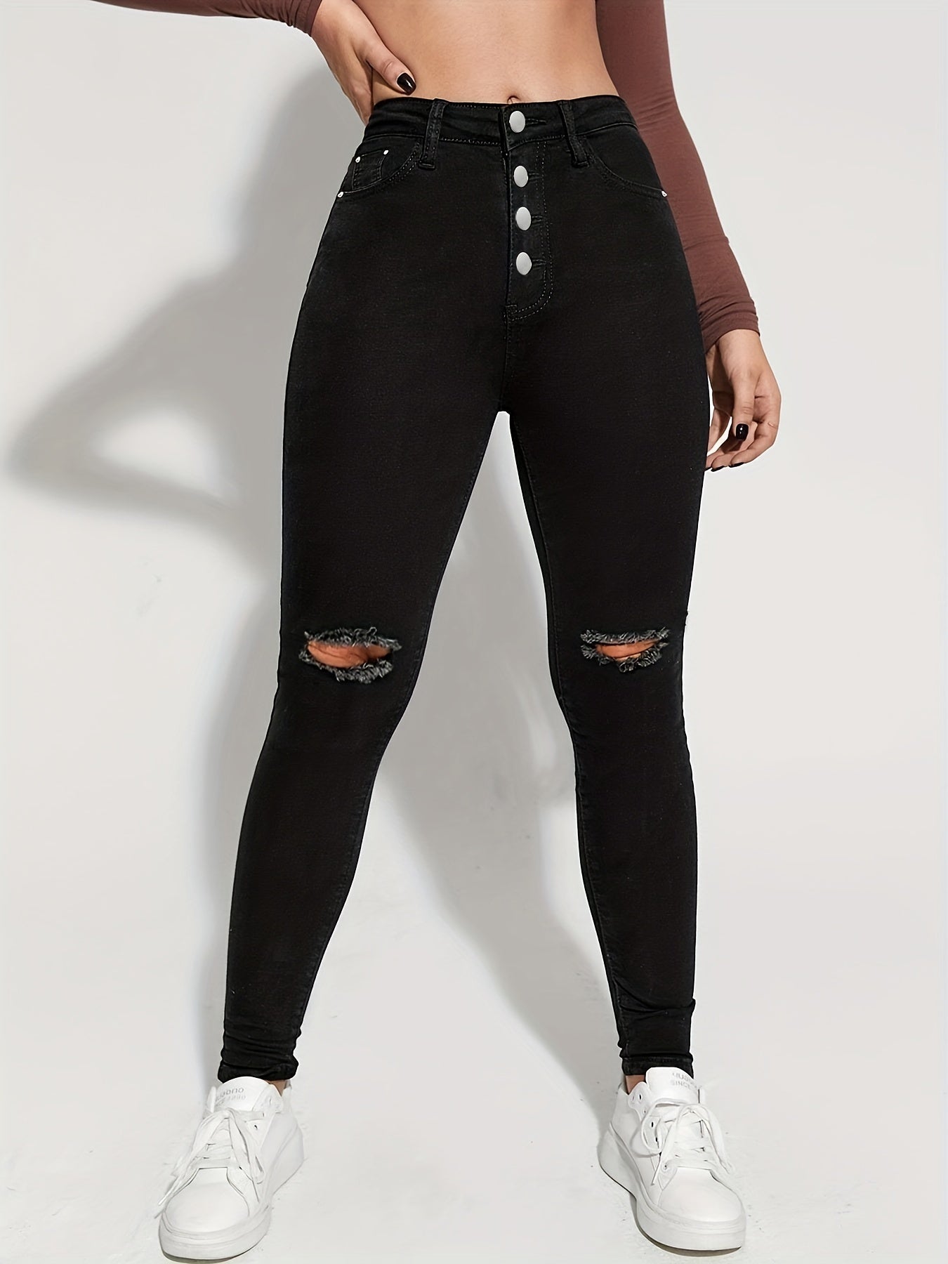 Slim Fit Distressed High Rise Jeans Button High Waist Denim Pants