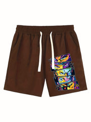 Anime Print Men's Casual Shorts Drawstring Waist Breathable Comfy Summer