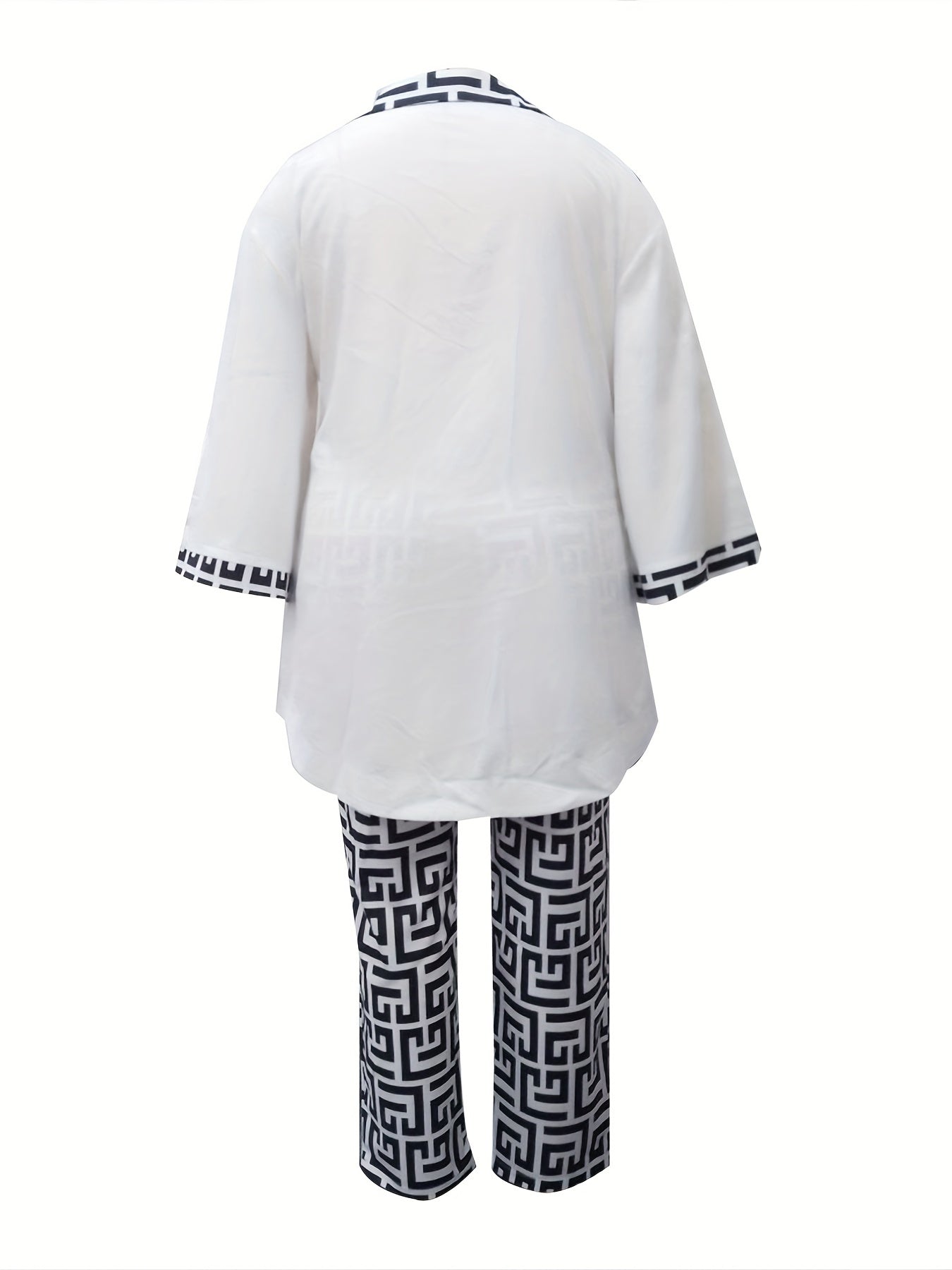 Women's Plus Geometric Print Bell Sleeve V Neck Top & Pants Set