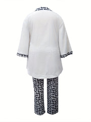 Women's Plus Geometric Print Bell Sleeve V Neck Top & Pants Set