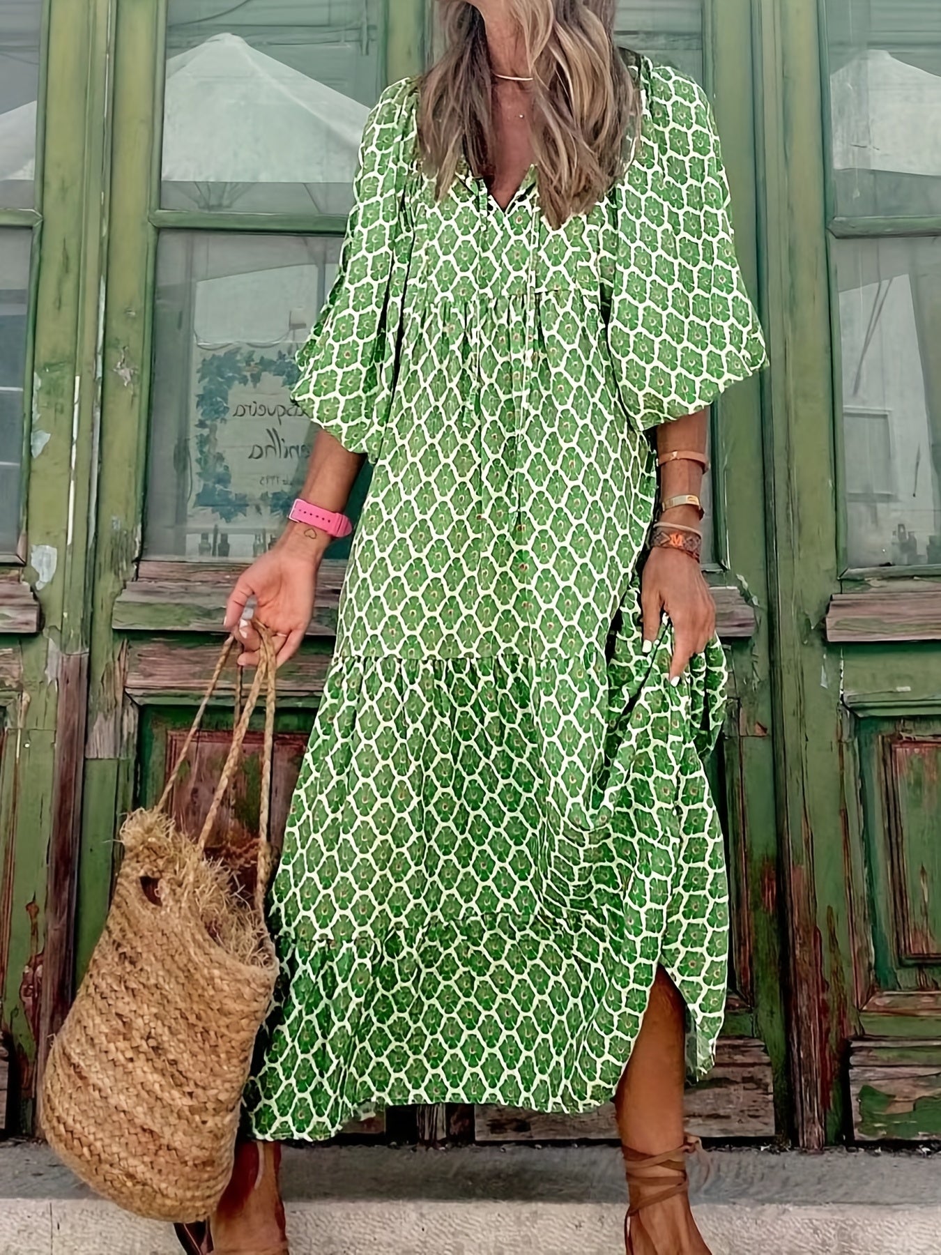 Vacation Tiered Maxi Dress Lace Up Neckline Casual Dress