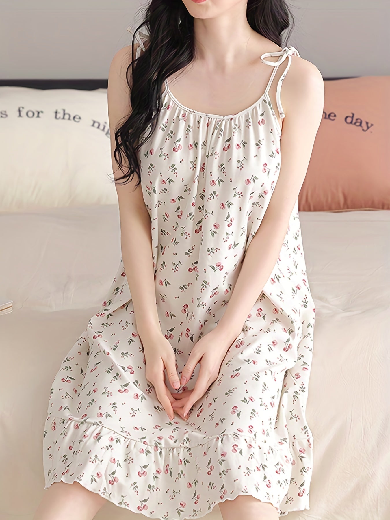 Floral Print Slip Nightdress Lace Up Ruffle Sleep Dress Women's Sleepwear