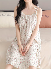 Floral Print Slip Nightdress Lace Up Ruffle Sleep Dress Women's Sleepwear