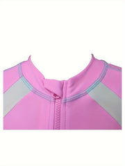 Girls Splicing Zip Short Sleeve 1 piece Swimwear With Swim Cap