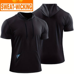Men's Solid Hooded T shirt With Pocket Quick Dry Breathable Short Sleeve