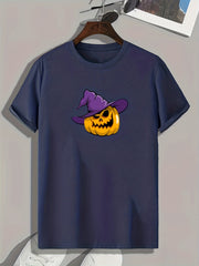 Halloween Pumpkin & Witch Hat Graphic Tee Men's Casual Comfy T-shirt