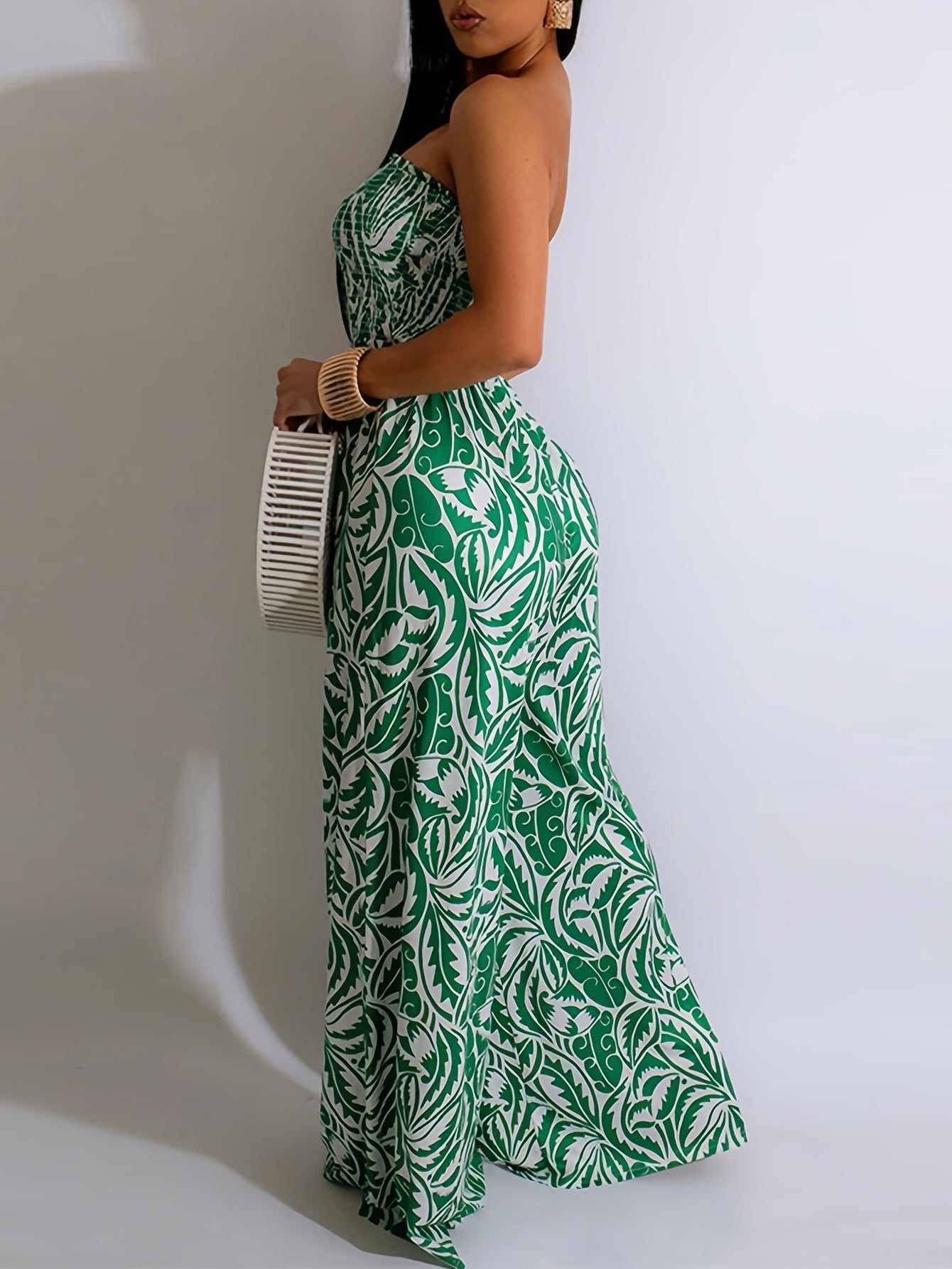 Print Shirred Wide Leg Jumpsuit Off Shoulder Sleeveless Jumpsuit