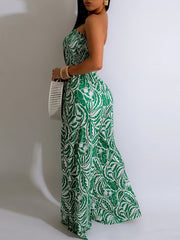 Print Shirred Wide Leg Jumpsuit Off Shoulder Sleeveless Jumpsuit