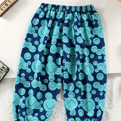 Toddler Girls Cartoon Smile Face Jogger Pants Casual Loose Elastic Waist