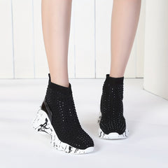 Women's Rhinestone Platform Boots High Top Wedge Sneakers Stretch Sock Boots