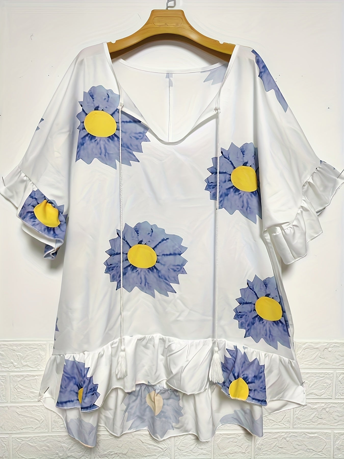 Plus Sunflower Print Ruffle Trim V Neck T shirt With Tassel Keyhole Tie