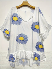 Plus Sunflower Print Ruffle Trim V Neck T shirt With Tassel Keyhole Tie