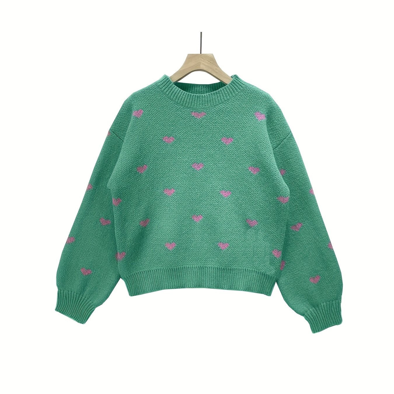 Heart Print Mock Neck Knit Sweater Casual Drop Shoulder Long Sleeve