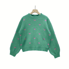 Heart Print Mock Neck Knit Sweater Casual Drop Shoulder Long Sleeve