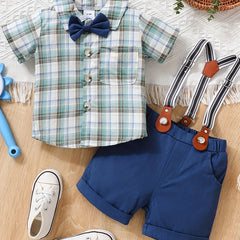 Boy's Plaid Shirt & Short Bi Pants Set Handsome Party Dress Up